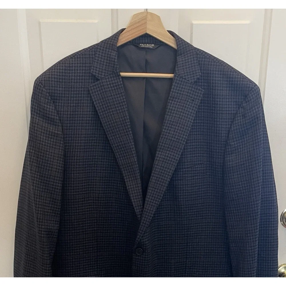 Jos A Bank Traveler Navy Houndstooth Plaid 50L Wool Dual Vent Blazer Sport Coat